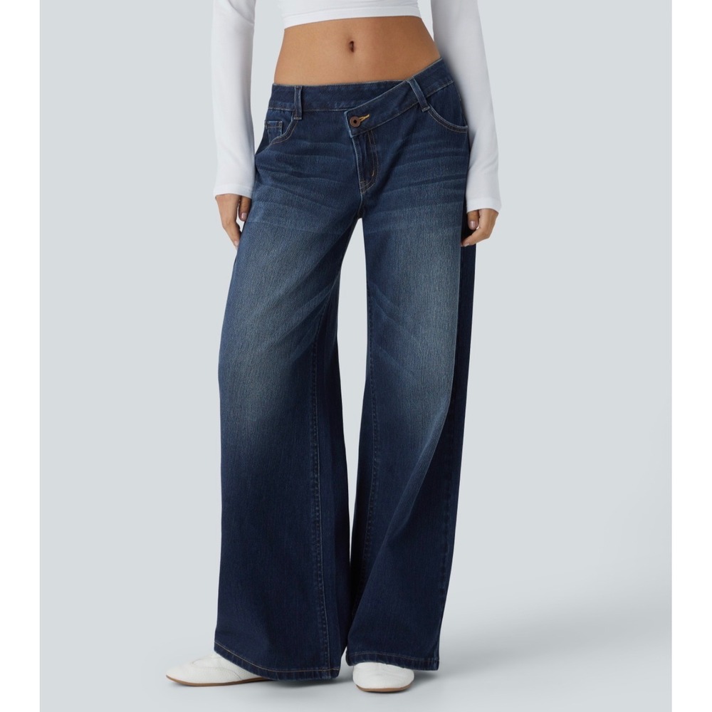 Halara XS Asymmetric Low Rise Baggy Wide Leg Washed Blue Casual Jeans Q02669802